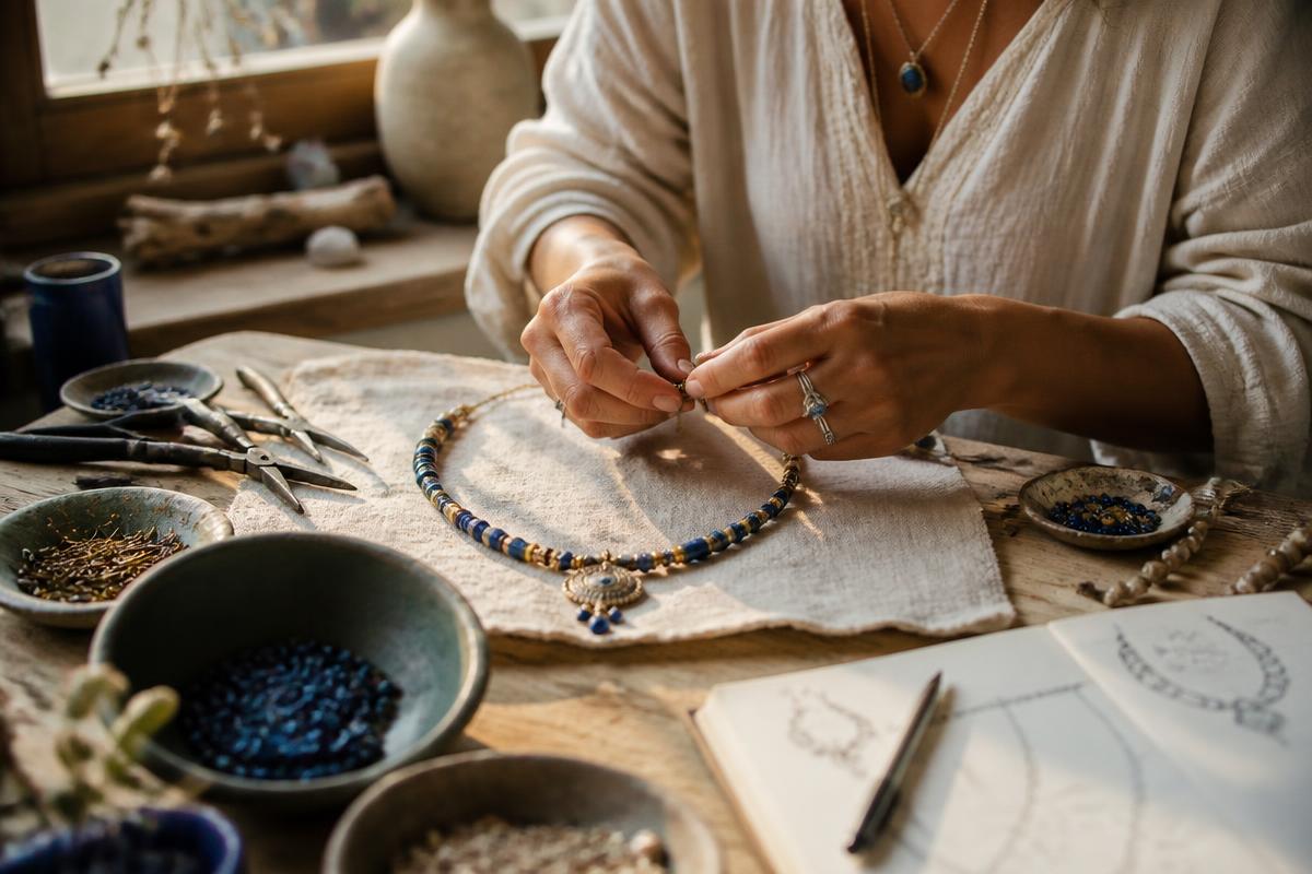 Mãos montando um colar artesanal na bancada do ateliê